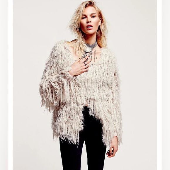 Free People Old Faithful Beige Shaggy Knit Jacket size medium - Picture 1 of 8